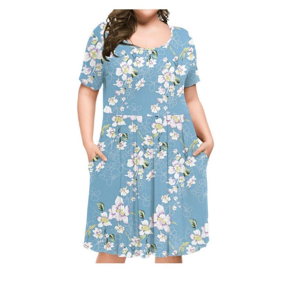 Tralilbee Blue Floral Short Sleeve Pleated Dress Size 1XL NWT Boutique
